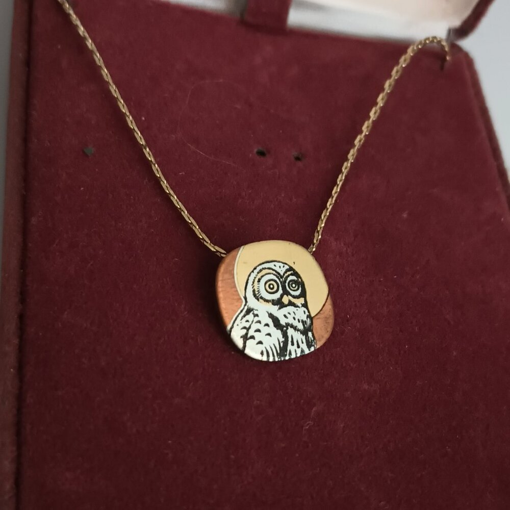 Reed & Barton Damascene Owl Necklace 14" Vtg 24k EP, Pure Silver, Copper, Bronze